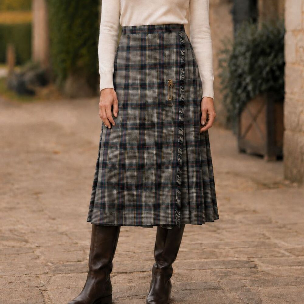 Vintage 1980s Equestrian Wrap Skirt Deadstock Plaid Worsted Wool Midi Academia